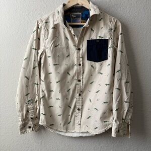 Modern‎ Amusement Cream Shirt with Navy Pocket and Green Fish Print